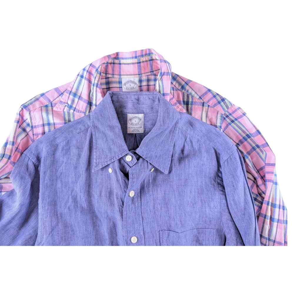 Brooks Brothers Slim Fit Button Down Shirt Bundle Blue Linen Pink Plaid Cotton S